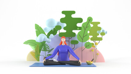 3d illustration. A young, healthy, beautiful woman practicing yoga, sitting in the lotus position on a yoga mat, meditating, smiling relaxedly with her eyes closed, against a background of trees and - 457598797