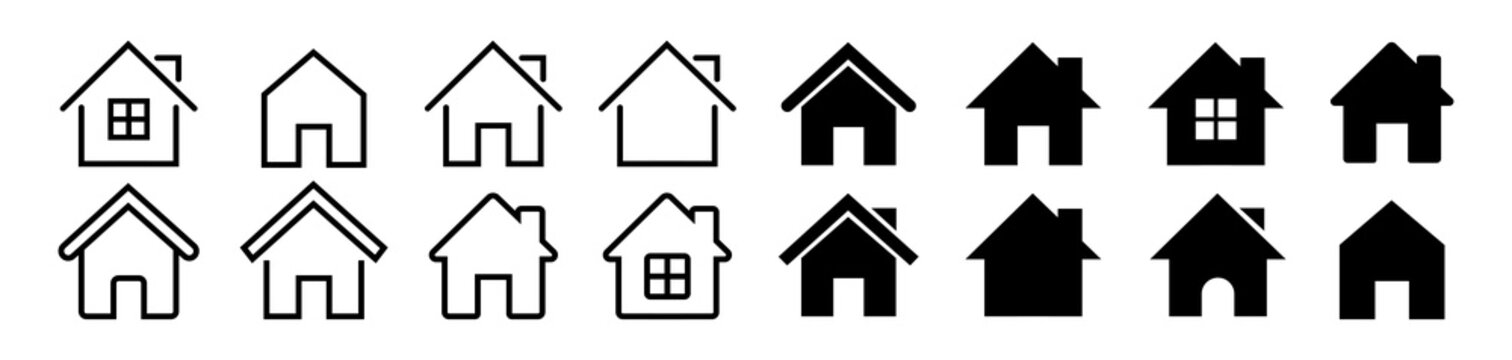 Collection home icons. House symbol. Set of real estate objects and houses black icons isolated on white background. Vector illustration.
