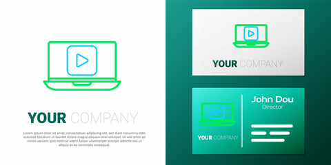 Line Online play video icon isolated on white background. Laptop and film strip with play sign. Colorful outline concept. Vector