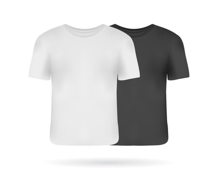 Set of realistic man t-shirts mockups with front views. Black and white man t-shirts with short sleeves. Casual clothes template for your design