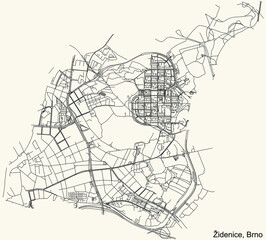 Detailed navigation urban street roads map on vintage beige background of the brněnský quarter Židenice district of the Czech capital city of Brno, Czech Republic