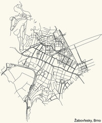 Detailed navigation urban street roads map on vintage beige background of the brněnský quarter Žabovřesky district of the Czech capital city of Brno, Czech Republic