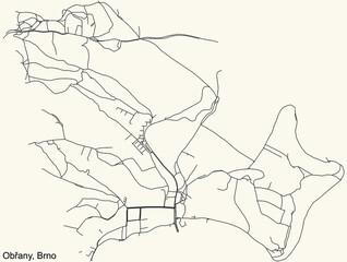 Detailed navigation urban street roads map on vintage beige background of the brněnský quarterObřany district of the Czech capital city of Brno, Czech Republic