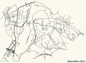 Detailed navigation urban street roads map on vintage beige background of the brněnský quarter Maloměřice district of the Czech capital city of Brno, Czech Republic