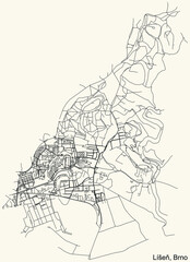Detailed navigation urban street roads map on vintage beige background of the brněnský quarter Líšeň district of the Czech capital city of Brno, Czech Republic