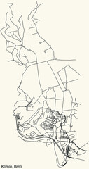 Fototapeta na wymiar Detailed navigation urban street roads map on vintage beige background of the brněnský quarter Komín district of the Czech capital city of Brno, Czech Republic