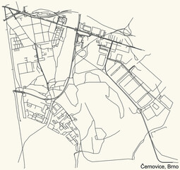 Detailed navigation urban street roads map on vintage beige background of the brněnský quarter Černovice district of the Czech capital city of Brno, Czech Republic