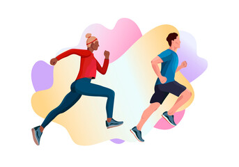 Fototapeta na wymiar Flat modern vector illustration of running men and women in sports. Marathon race, sprint on a colored background. Creative landing page design template, Web banner