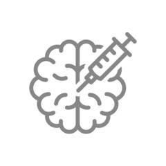 Medical syringe and brain line icon. Vaccination, injection into the brain, adjustment memory symbol