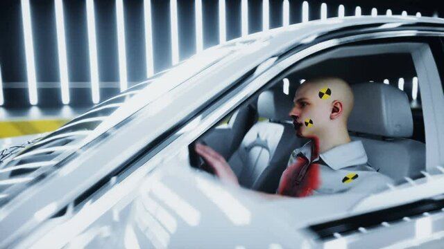 Generic 3d car crash test with people driver. Car destruction. Realistic 4k animation.