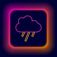 Glowing neon line Cloud with rain icon isolated on black background. Rain cloud precipitation with rain drops. Colorful outline concept. Vector