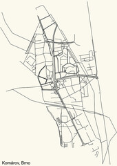Detailed navigation urban street roads map on vintage beige background of the brněnský Komárov cadastral area of the Czech regional capital city of Brno, Czech Republic
