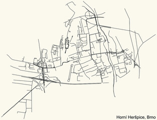Fototapeta na wymiar Detailed navigation urban street roads map on vintage beige background of the brněnský Horní Heršpice cadastral area of the Czech regional capital city of Brno, Czech Republic