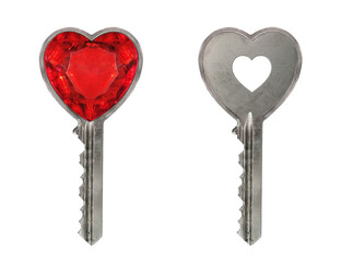 There are two heart shaped keys. White background. Isolated.