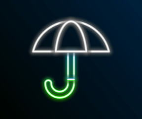 Glowing neon line Classic elegant opened umbrella icon isolated on black background. Rain protection symbol. Colorful outline concept. Vector