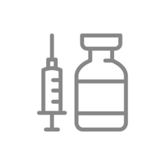 Medical ampoule with syringe line icon. Vaccine, immunization, serum, collective immunity, injection symbol