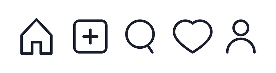 Popular media set icons. House, loupe, heart, user, add black icons. Social media concept