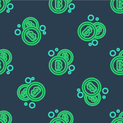 Line Cryptocurrency coin Bitcoin icon isolated seamless pattern on blue background. Physical bit coin. Blockchain based secure crypto currency. Vector