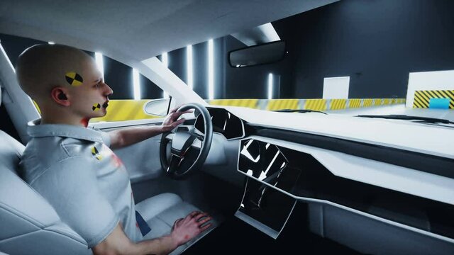 Generic 3d car crash test with people driver. Car destruction. Realistic 4k animation.