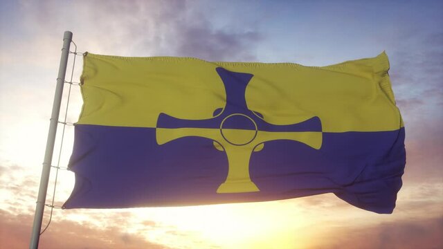 County Durham flag, England, waving in the wind, sky and sun background