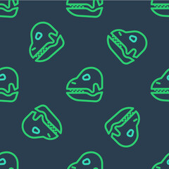 Line Dinosaur skull icon isolated seamless pattern on blue background. Vector