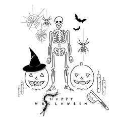 Halloween themed party vector drawing of skeleton, bats, pumpkins, witch's hat, candles, spiders, centipede for seasonal holiday greeting, store sign, invitation - Happy Halloween - Hand-drawn design.