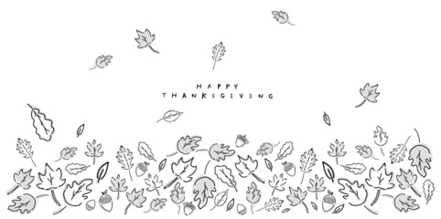Fall Autumn vector drawing of leaves, acorns for seasonal greeting, menu, store sign - Happy Thanksgiving - Hand-drawn design. Horizontal banner AD