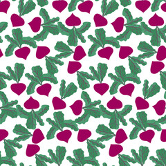 Vector seamless beetroot pattern. Juicy bright root with green leaves. Farm products, vegan food, diet endless background.