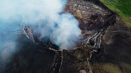 Aerial shot of an active volcano crater