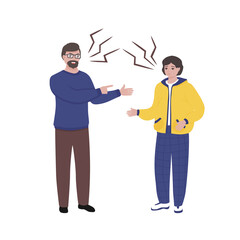 Fototapeta na wymiar Adult man and young man quarrel. Concept of family conflicts, resentment, aggression, abuse. Father and wife son having dispute. Flat vector illustration isolated.