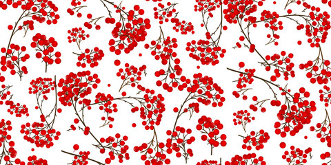  Seamless Christmas background realistic branches with holly red berries isolated on white background. Vector illustration use for design of fabric, wrapping paper, holiday cards, wrappers. - obrazy, fototapety, plakaty