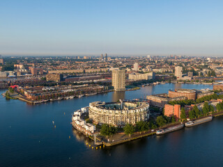 Fototapeta na wymiar Aerial view of KNSM island and Emerald Empire building in Amsterdam