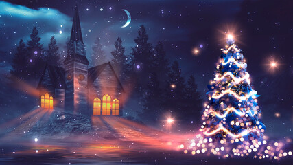 Fototapeta premium Night winter forest fantasy landscape with a Christmas decorated tree. Festive bokeh lights, dark forest, neon lights. Decorated Christmas tree in the night forest. Background for postcards. 3D 