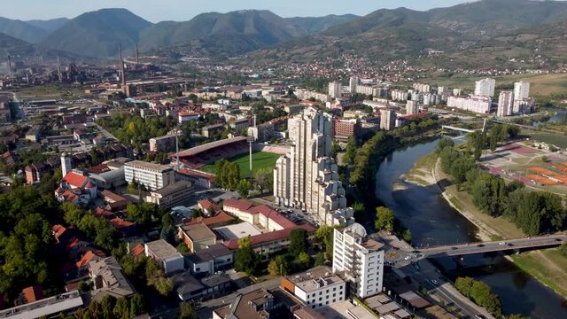 Aerial drone view of Zenica, Bosnia and Herzegovina. Buildings, streets, parks and residential houses. City center of Zenica, view from above.	
