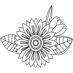 Floral picture in black and white for coloring books. Coloring page of monochrome flowers and leafs. Doodles pattern. Vector illustration of a sunflower