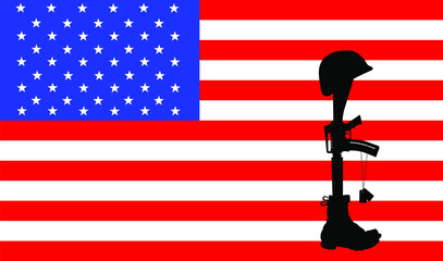 United States of America Fallen soldier symbol vector silhouette illustration USA flag. Rifle in boots, helmet and military identification plate. Battlefield dead soldier memories. Comrade lost friend - obrazy, fototapety, plakaty
