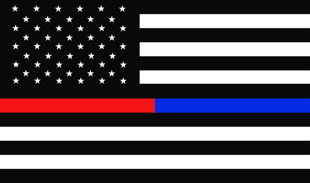 Memorial united Thin Red Line Firefighter Flag and Thin Blue line USA flag remembering vector, memories on fallen fire fighters officers on duty and law enforcement. Fireman and policeman silhouette.