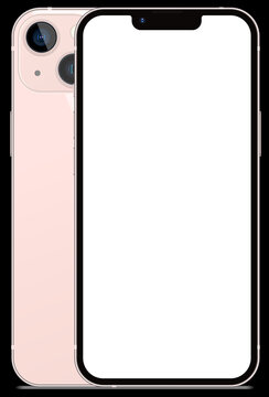 Anapa, Russian Federation - September, 17, 2021: New Pink finish Color Iphone 13, Front and back side. Smartphone mock up with white screen one black background. Illustration for app, web, design.