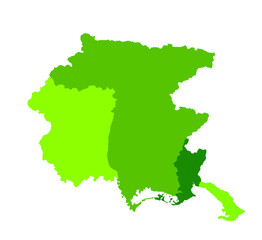 Friuli Venezia Giulia, Italy, vector map silhouette illustration isolated on white background. Italion region with separated province with borders. 