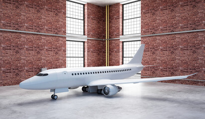 Airplane inside modern hangar with big windows