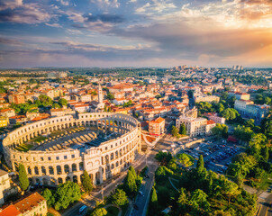 Splendid view at famous european city of Pula and arena of roman time. - obrazy, fototapety, plakaty