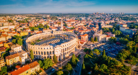 Majestic view at famous european city of Pula and arena of roman time.