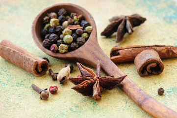Grains of different peppers in a wooden spoon, anise stars, cinnamon sticks and cloves. Selective focus. Macro.