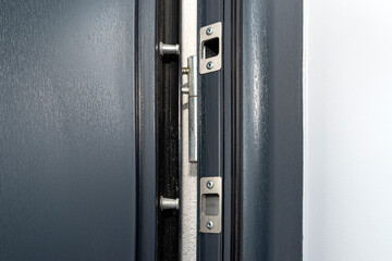 Fototapeta na wymiar Modern anti burglary entrance door with visible hinges and bolt, in anthracite color.