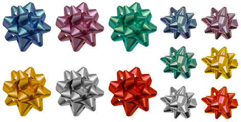 Collection of multicolored festive bows for top packaging. Christmas Gift Wraping Ribbon Pull Bows on isolated white background