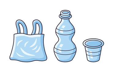 Empty disposable water bottle with cup and plastic bag isolated cartoon vector illustration, environment trash garbage pollution, rubbish waste recycling ecology issue.
