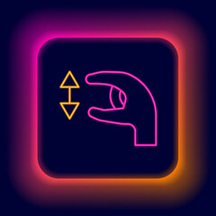 Glowing neon line Human standing and showing the size of something with his hands icon isolated on black background. Approximate measurements. Colorful outline concept. Vector