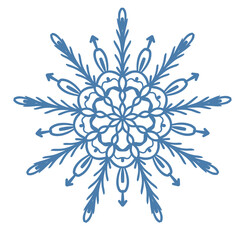 Hand drawn blue snowflake icon isolated on white background. Winter design element snow flake frost crystal vector illustration