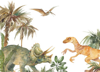 Watercolor dinosaurs illustration. Artwork with prehistorical animals: velociraptor, triceratops, pterodactyl. Tropical wall decor design