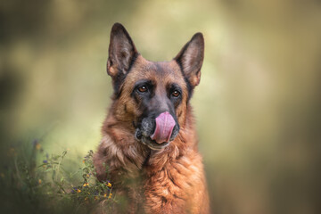 Funny German shepherd licking his lips sitting in yellow flowers on the background of the forest. Close-up portrait